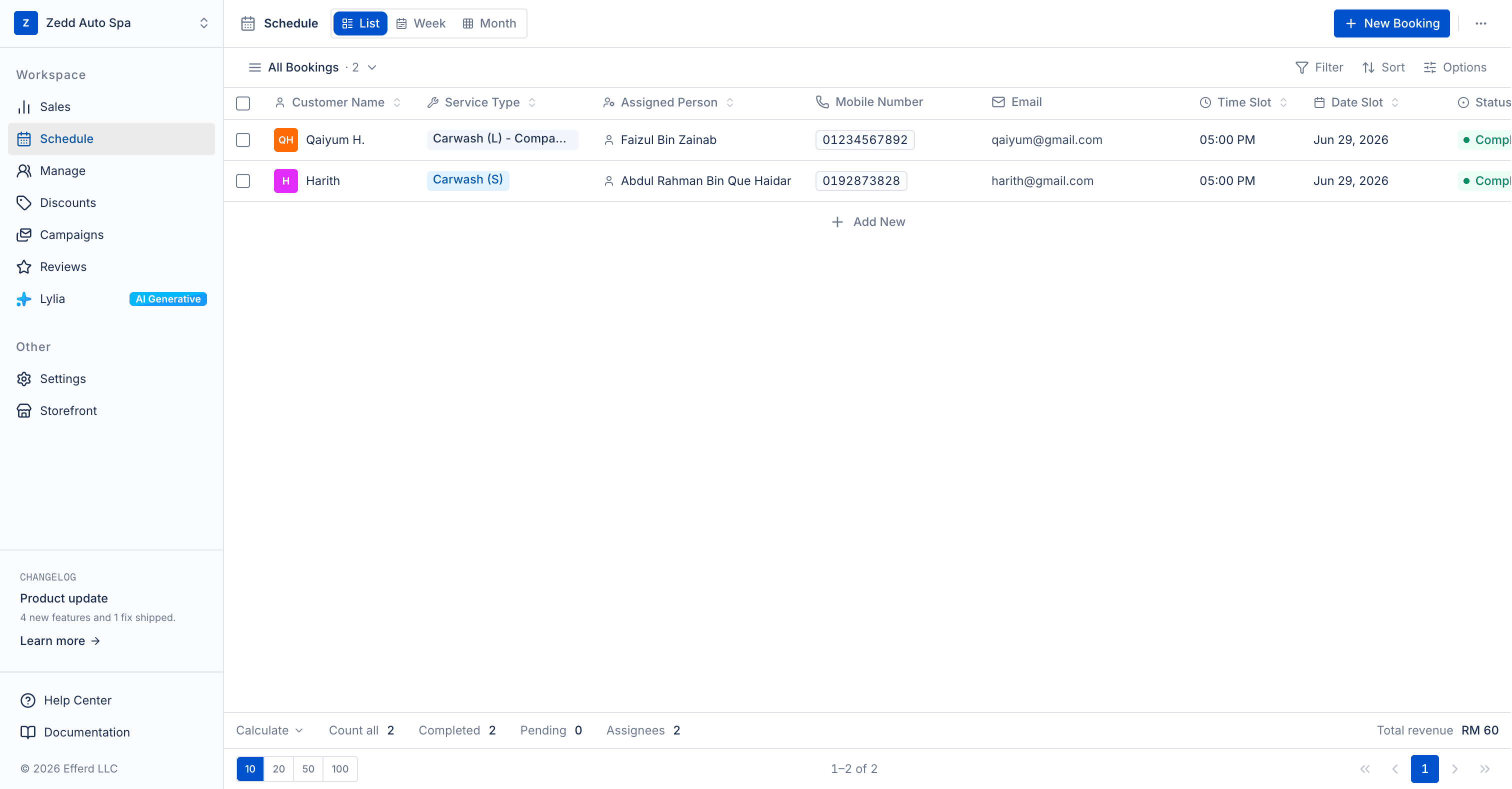 Schedules screen